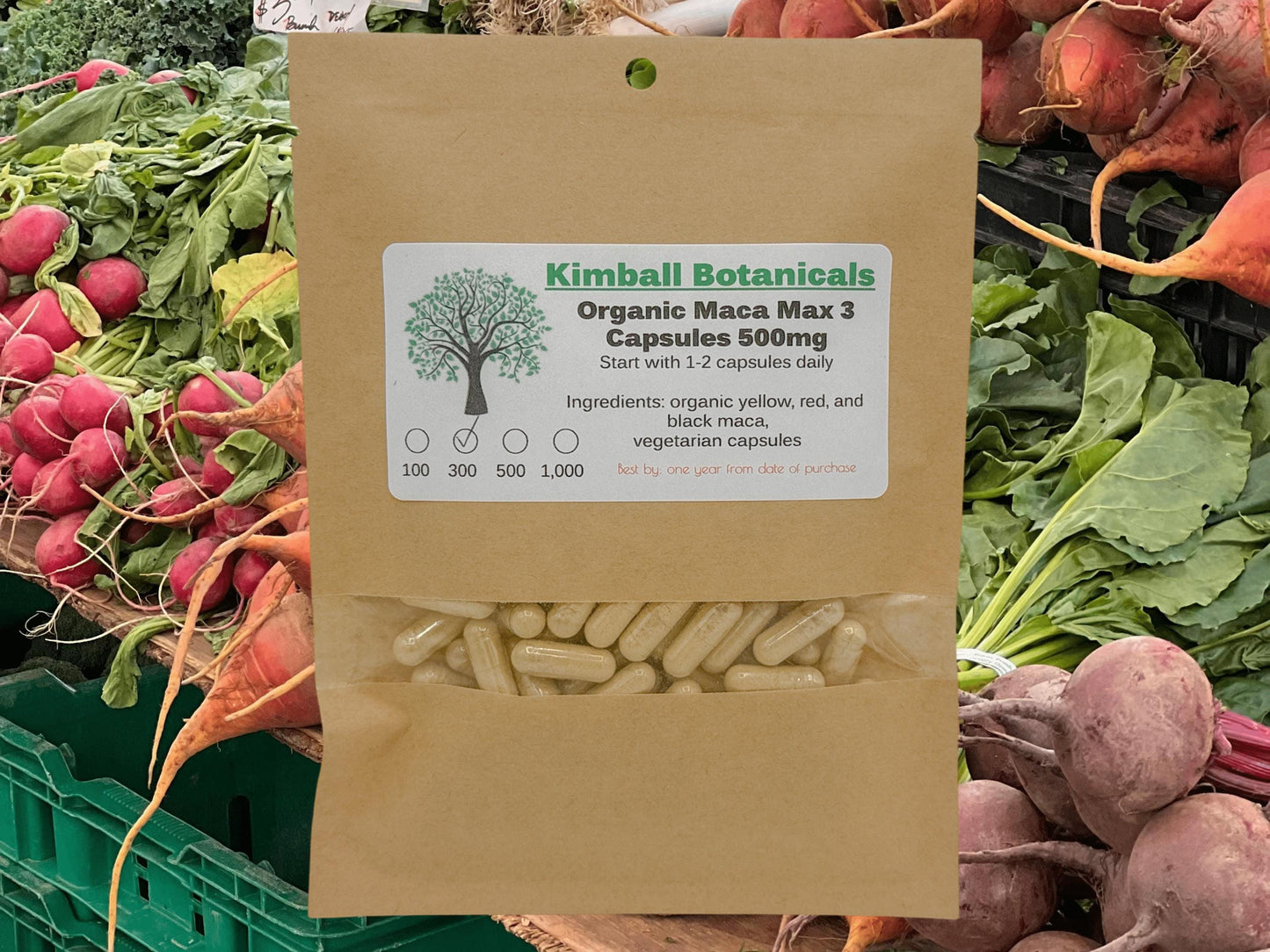 USDA Organic Maca Max Blend red, yellow, and black maca 500mg and 650mg vegetarian capsules made fresh to order.