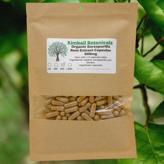 Organic Sarsaparilla Root Complex extract (Smilax ornata) 500mg or 650mg vegetarian capsules, made fresh to order