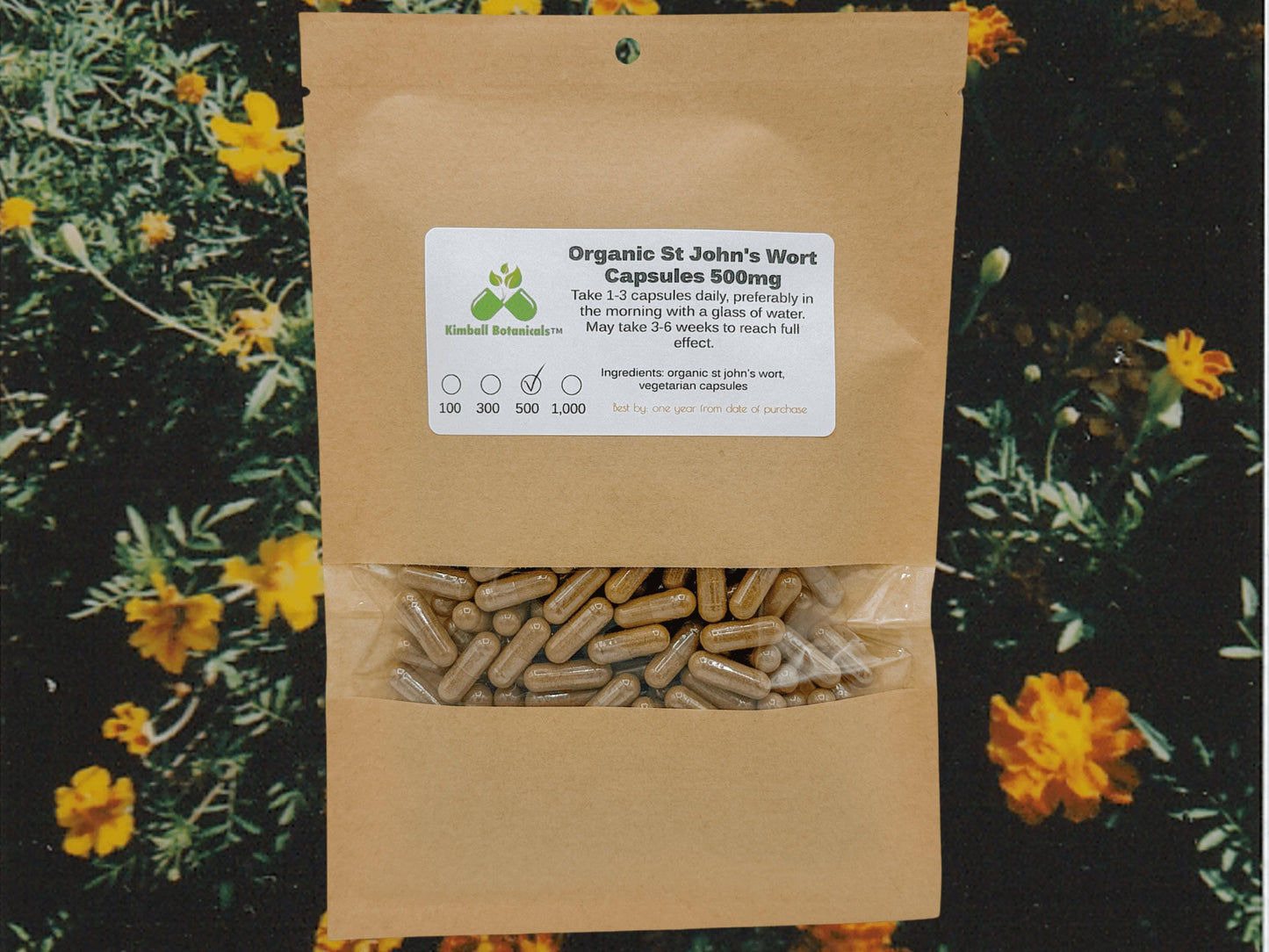 Organic St. John’s Wort (Hypericum perforatum) 500mg and 650mg vegetarian capsules made fresh to order