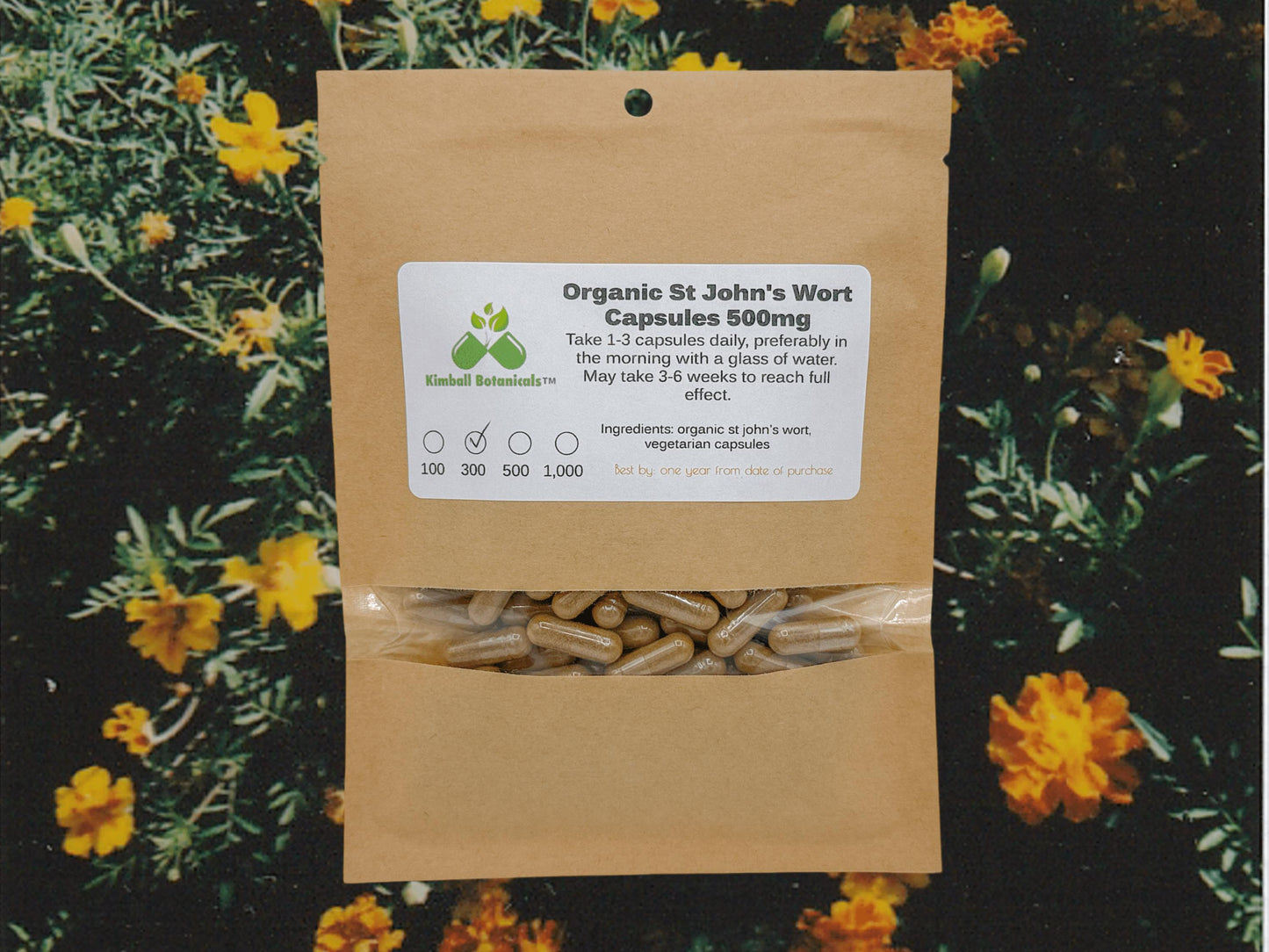 Organic St. John’s Wort (Hypericum perforatum) 500mg and 650mg vegetarian capsules made fresh to order