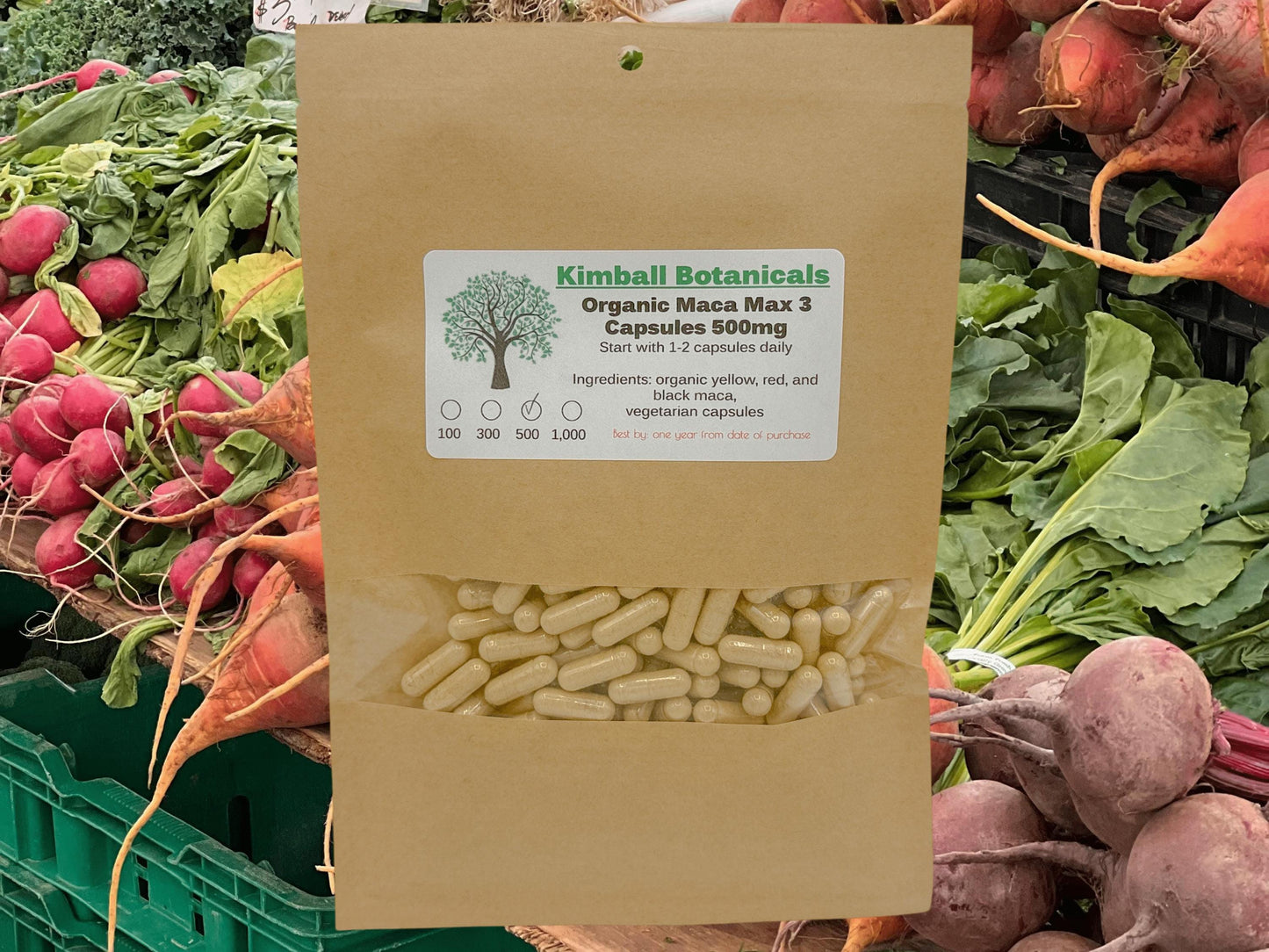 USDA Organic Maca Max Blend red, yellow, and black maca 500mg and 650mg vegetarian capsules made fresh to order.