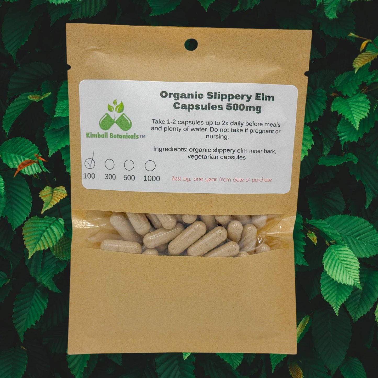 Organic Slippery Elm (Ulmus rubra) inner bark, 500mg and 650mg vegetarian capsules made fresh to order