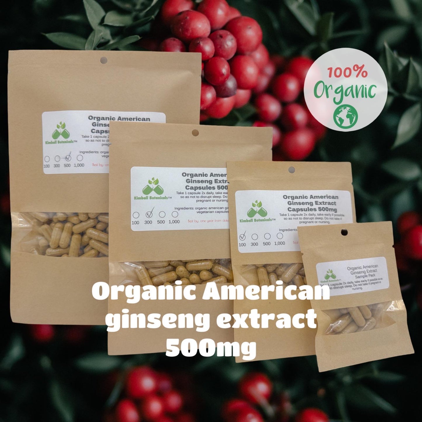 Organic American Ginseng Extract (Panax quinquefolius) 500mg vegetarian capsules made fresh to order