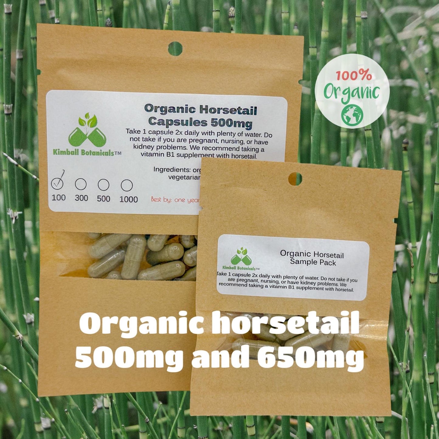 Organic Horsetail (Equisetum arvense) 500mg or 650mg vegetarian capsules made fresh to order