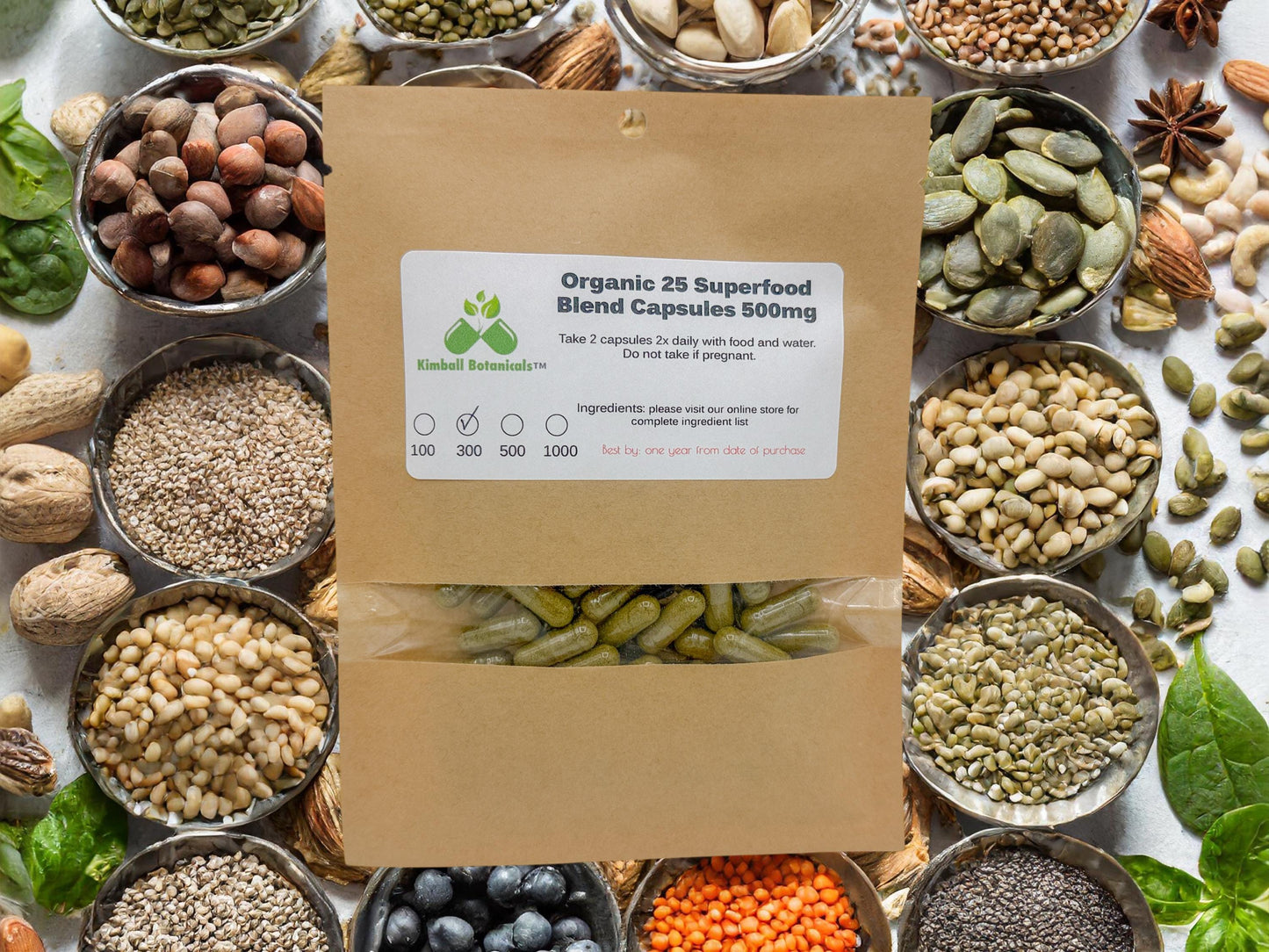 USDA Organic 25 Superfood Blend 500mg or 650mg vegetarian or pullulan capsules made fresh to order