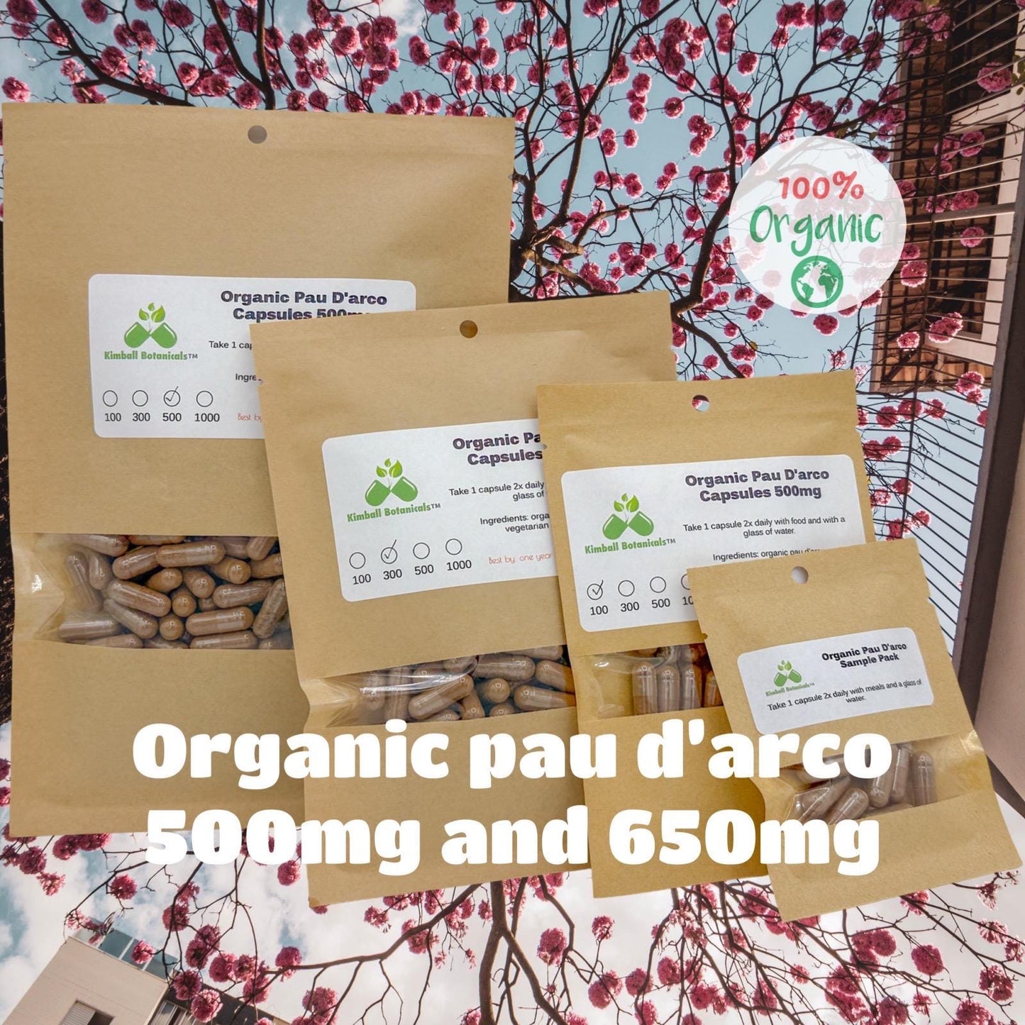 Organic Pau d’ Arco (Tabebuia avellanedae) 500mg or 650mg vegetarian capsules, or tincture, made fresh to order