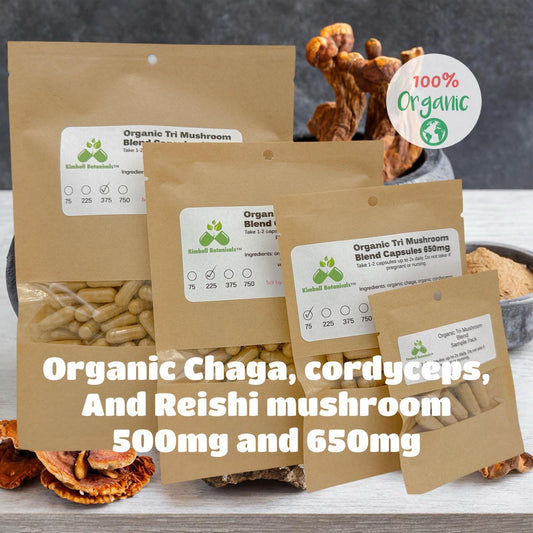Organic tri mushroom blend, chaga, cordyceps, and red reishi mushroom capsules 500mg and 650mg vegetarian