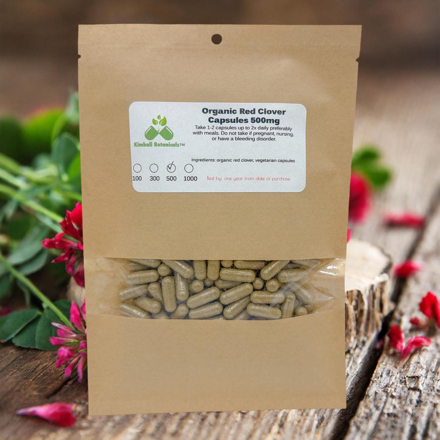 Organic Red Clover Blossom (Trifolium pratense) 500mg and 650mg pullulan or vegetarian capsules or tincture, zero fillers