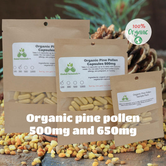 organic wild harvested pine pollen capsules 500mg and 650mg vegetarian vegan