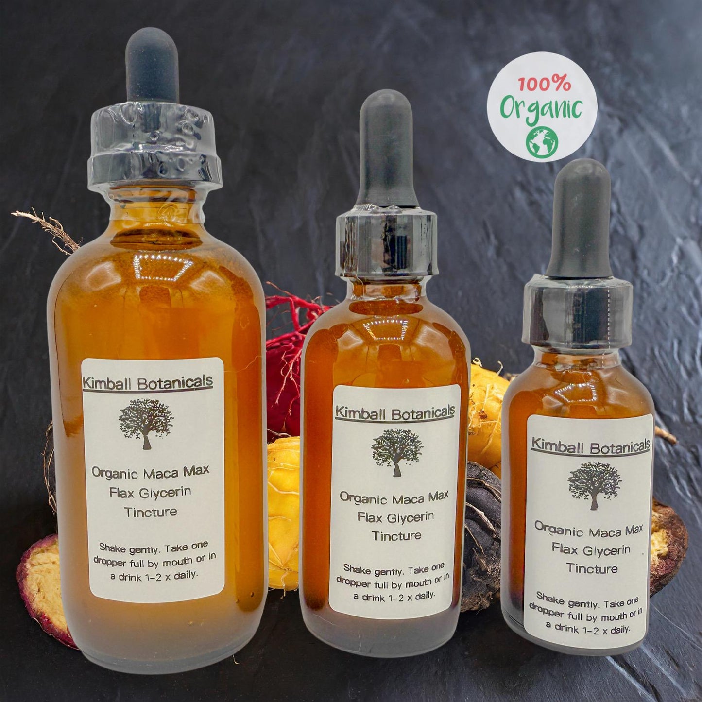 USDA Organic Maca Max Blend red, yellow, and black maca 500mg and 650mg vegetarian capsules made fresh to order.