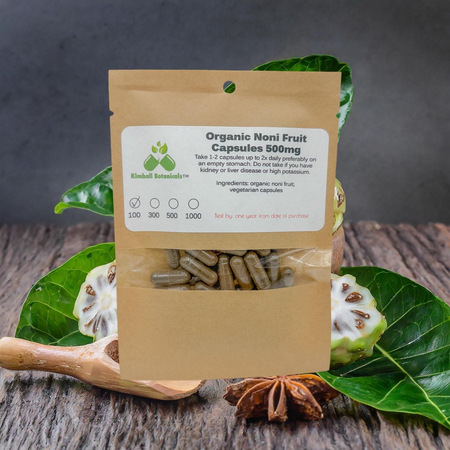 Organic Noni Fruit (morinda citrifolia) 500mg vegetarian capsules, made fresh to order.