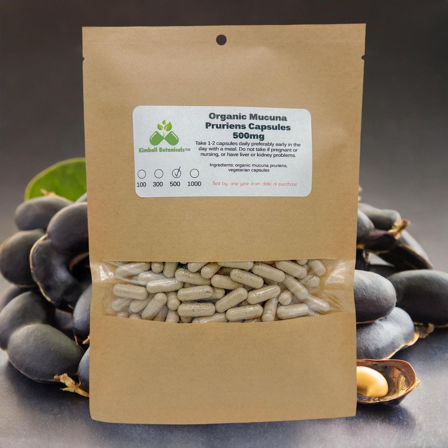 USDA Certified Organic Velvet Bean (mucuna pruriens) 500mg or 650mg vegetarian pullulan capsules, made fresh to order