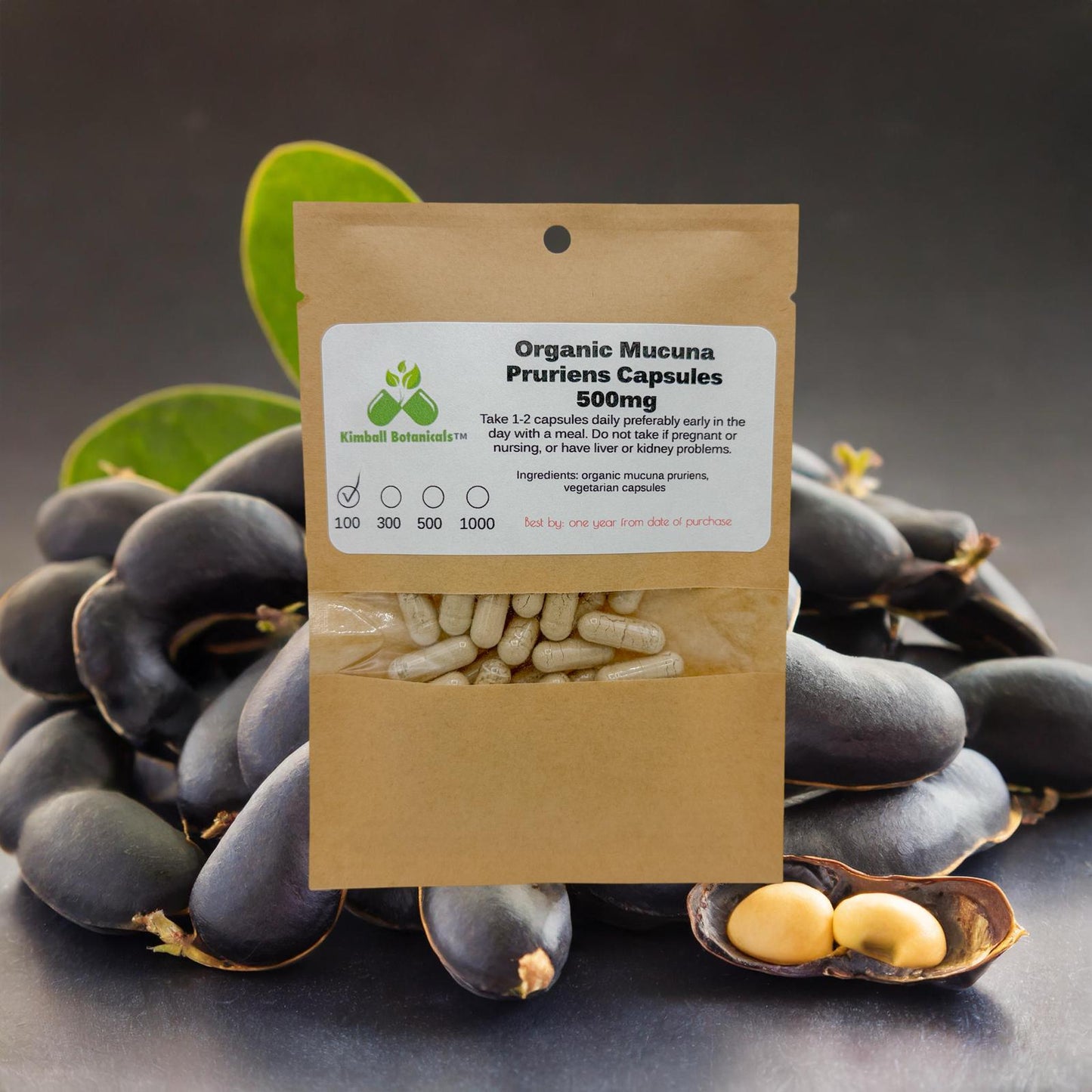 USDA Certified Organic Velvet Bean (mucuna pruriens) 500mg or 650mg vegetarian pullulan capsules, made fresh to order