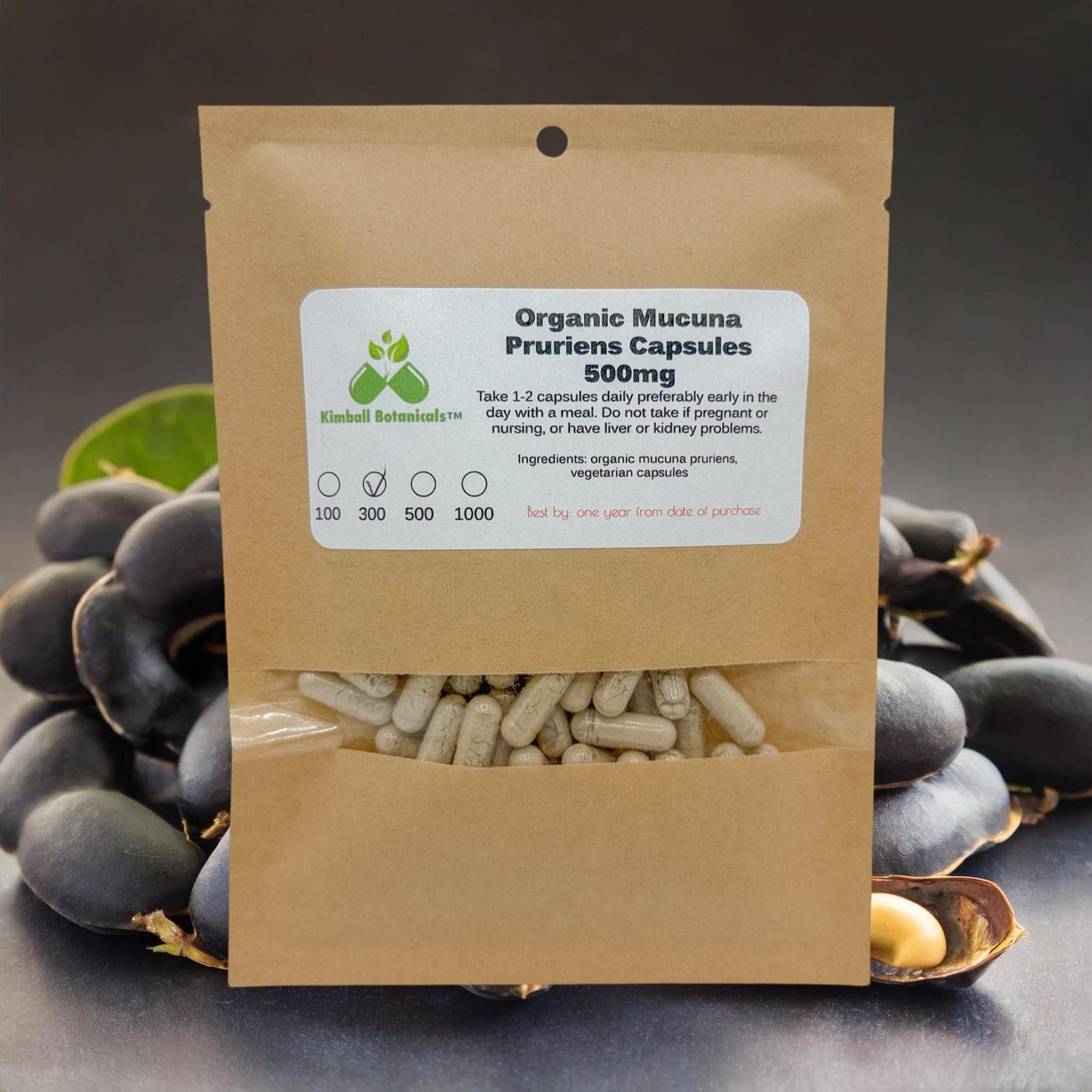 USDA Certified Organic Velvet Bean (mucuna pruriens) 500mg or 650mg vegetarian pullulan capsules, made fresh to order