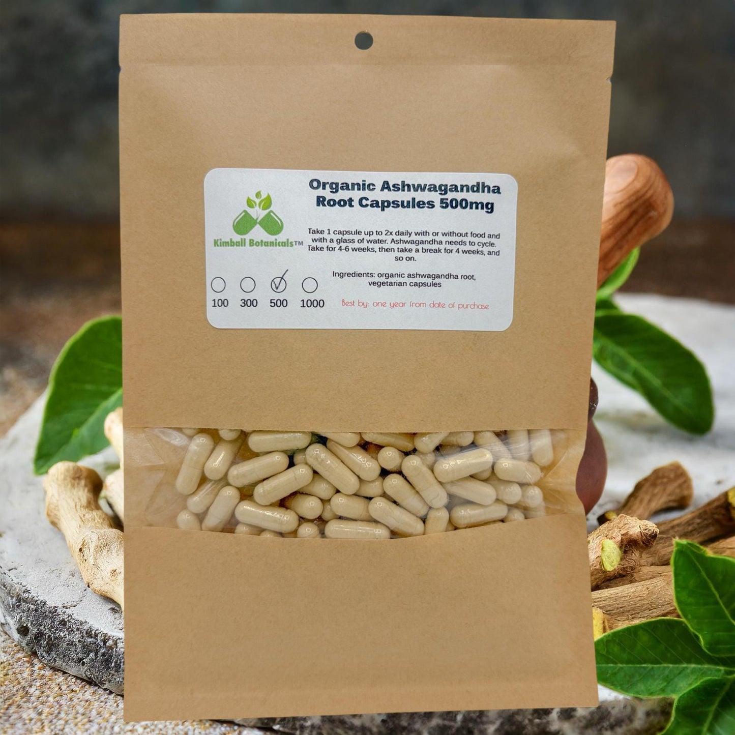 Organic Ashwagandha (Withania somnifera) 500mg and 650mg vegetarian capsules or glycerin tincture, made fresh to order
