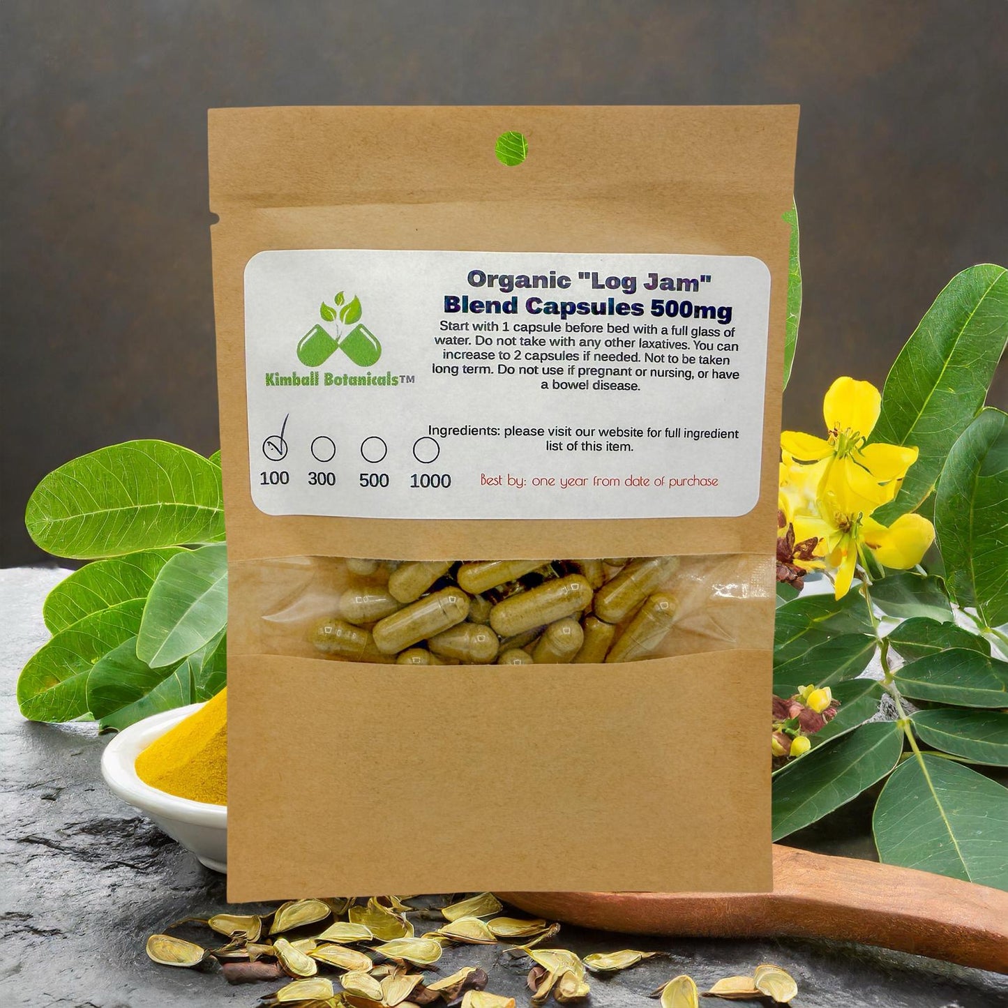 Organic Herbal Log Jam Blend, 500mg or 650mg vegetarian pullulan capsules, made fresh to order