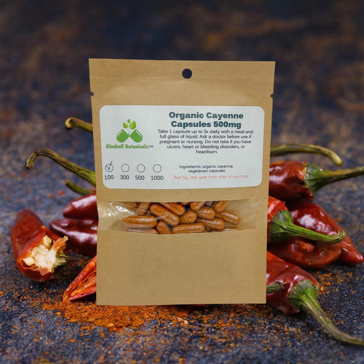 Organic Cayenne Pepper 60,000 SHU, 500mg and 650mg vegetarian capsules