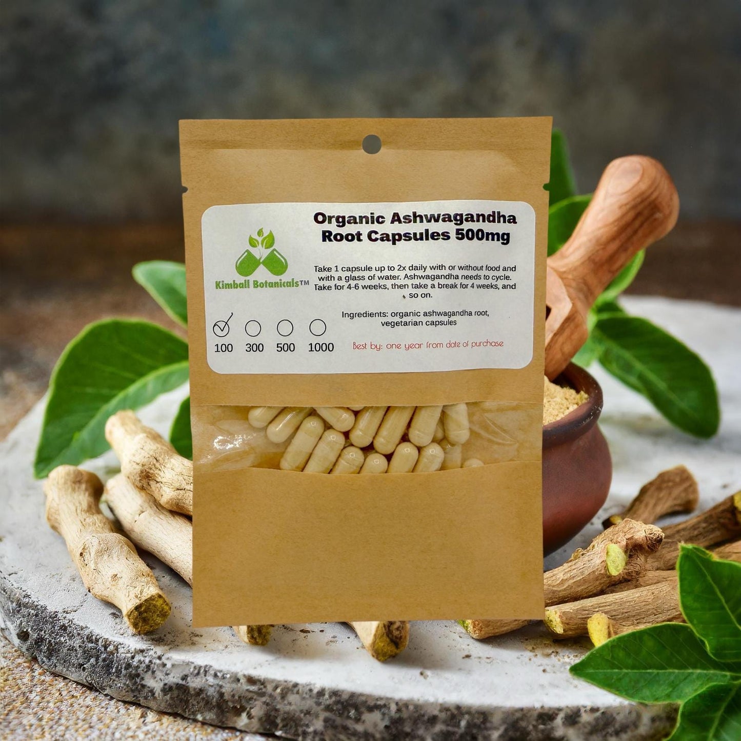 Organic Ashwagandha (Withania somnifera) 500mg and 650mg vegetarian capsules or glycerin tincture, made fresh to order