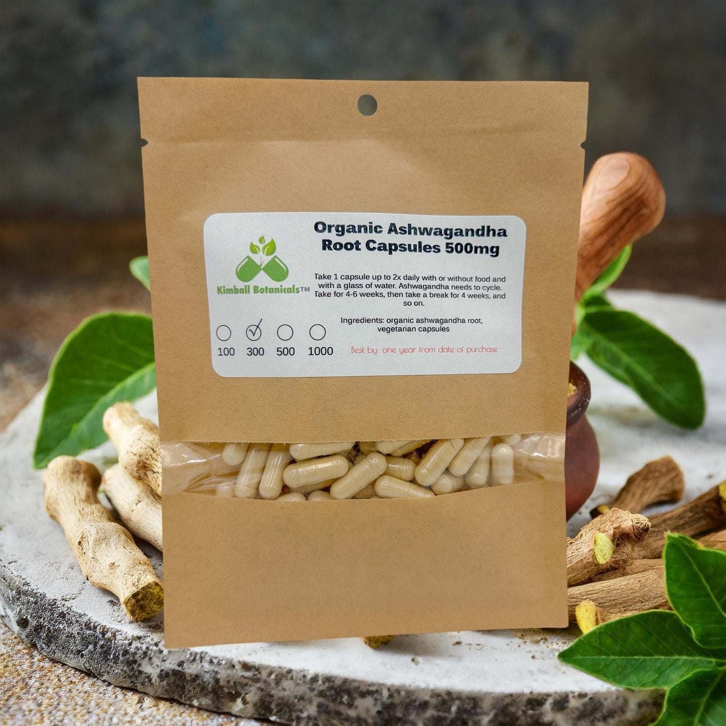 Organic Ashwagandha (Withania somnifera) 500mg and 650mg vegetarian capsules or glycerin tincture, made fresh to order