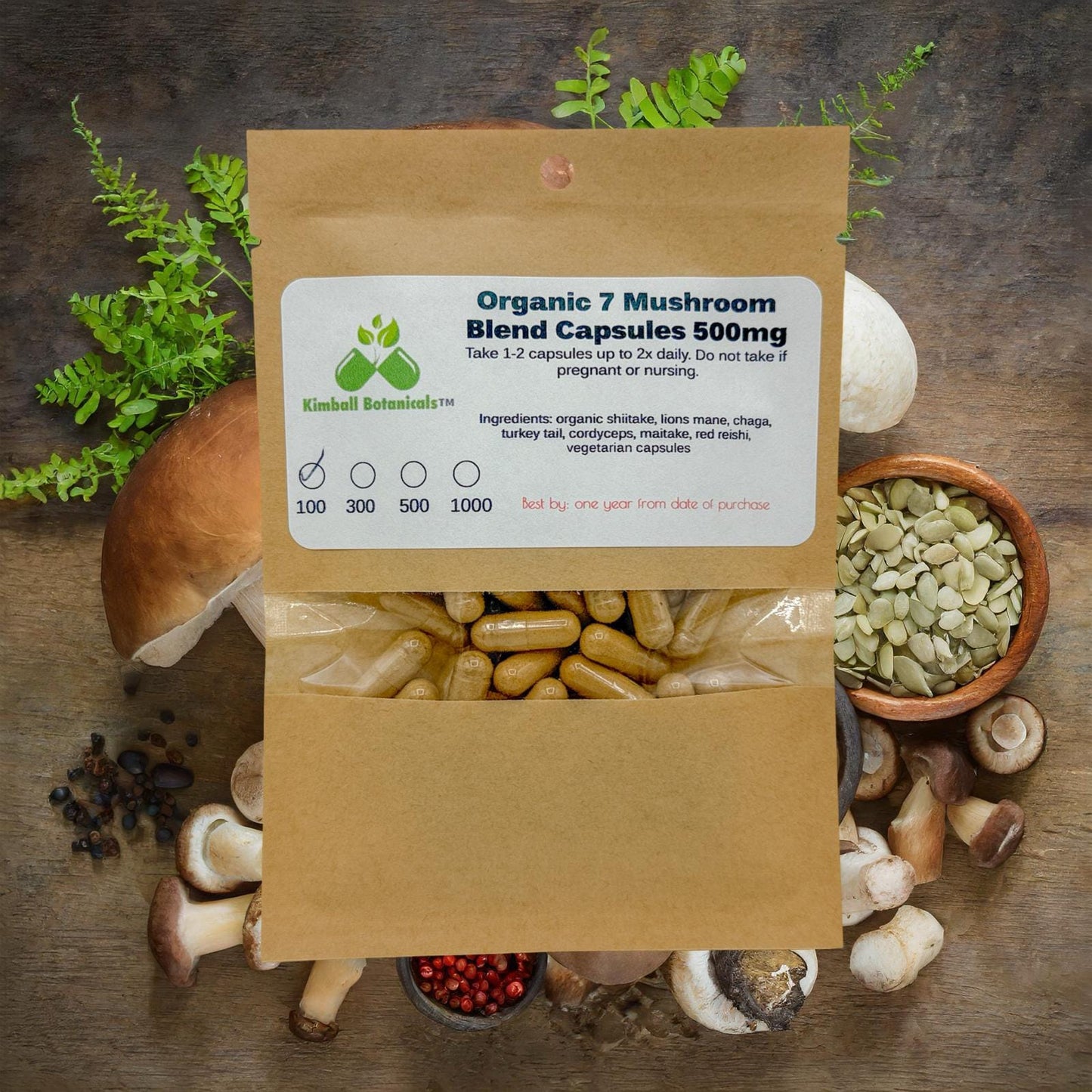USDA Organic 7 Mushroom Blend, 500mg and 650mg vegetarian or pullulan capsules made fresh to order without any fillers.