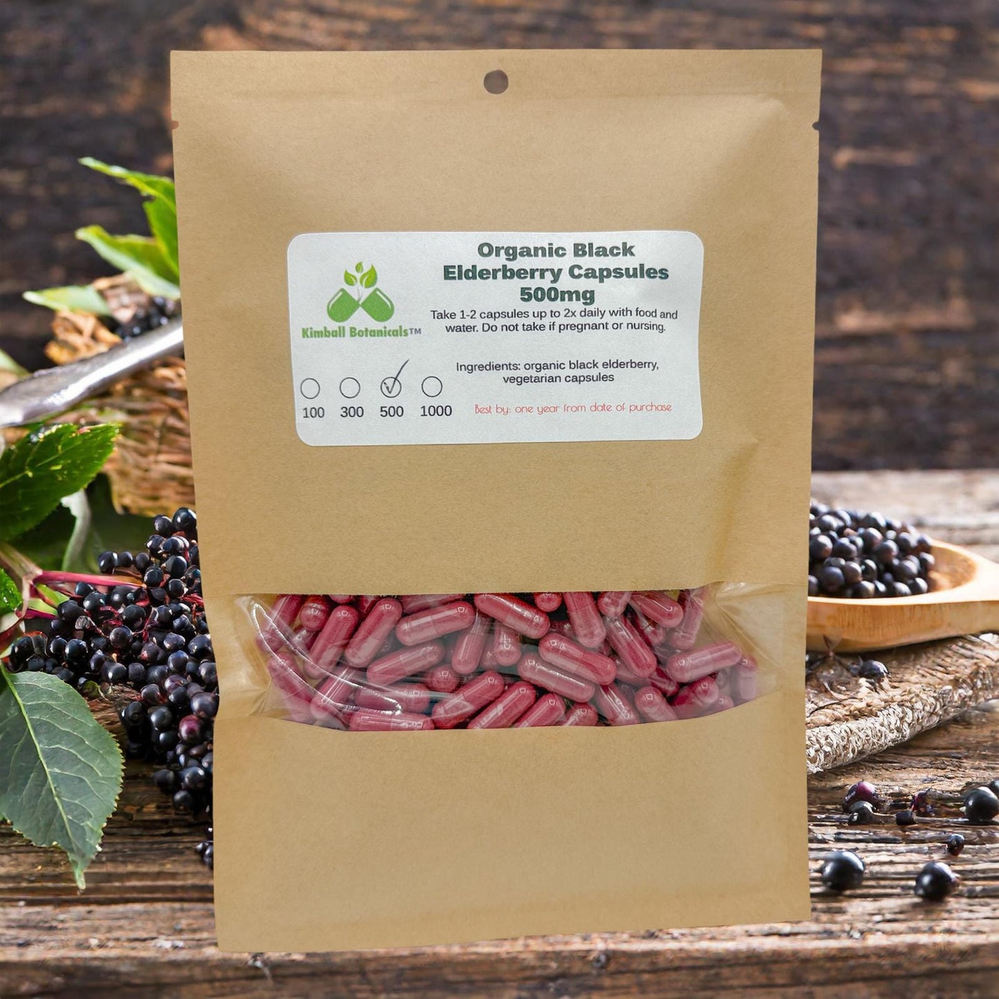 USDA Certified Organic Elderberry (Sambucus nigra) 500mg or 650mg vegetarian or pullulan capsules or tincture, made fresh to order.