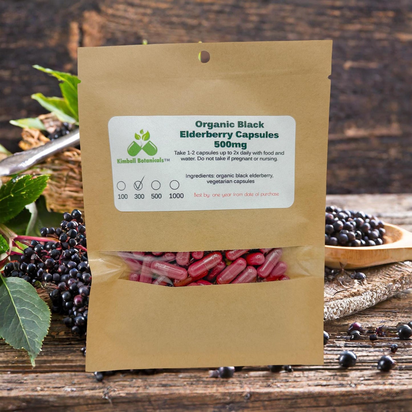 USDA Certified Organic Elderberry (Sambucus nigra) 500mg or 650mg vegetarian or pullulan capsules or tincture, made fresh to order.