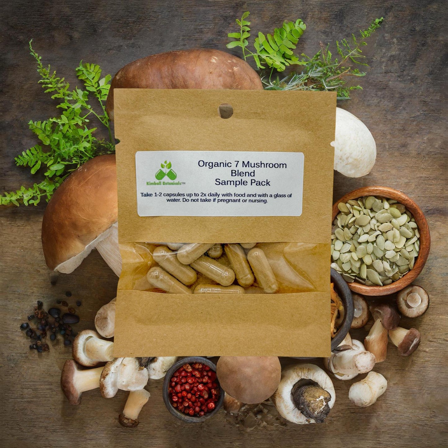 USDA Organic 7 Mushroom Blend, 500mg and 650mg vegetarian or pullulan capsules made fresh to order without any fillers.