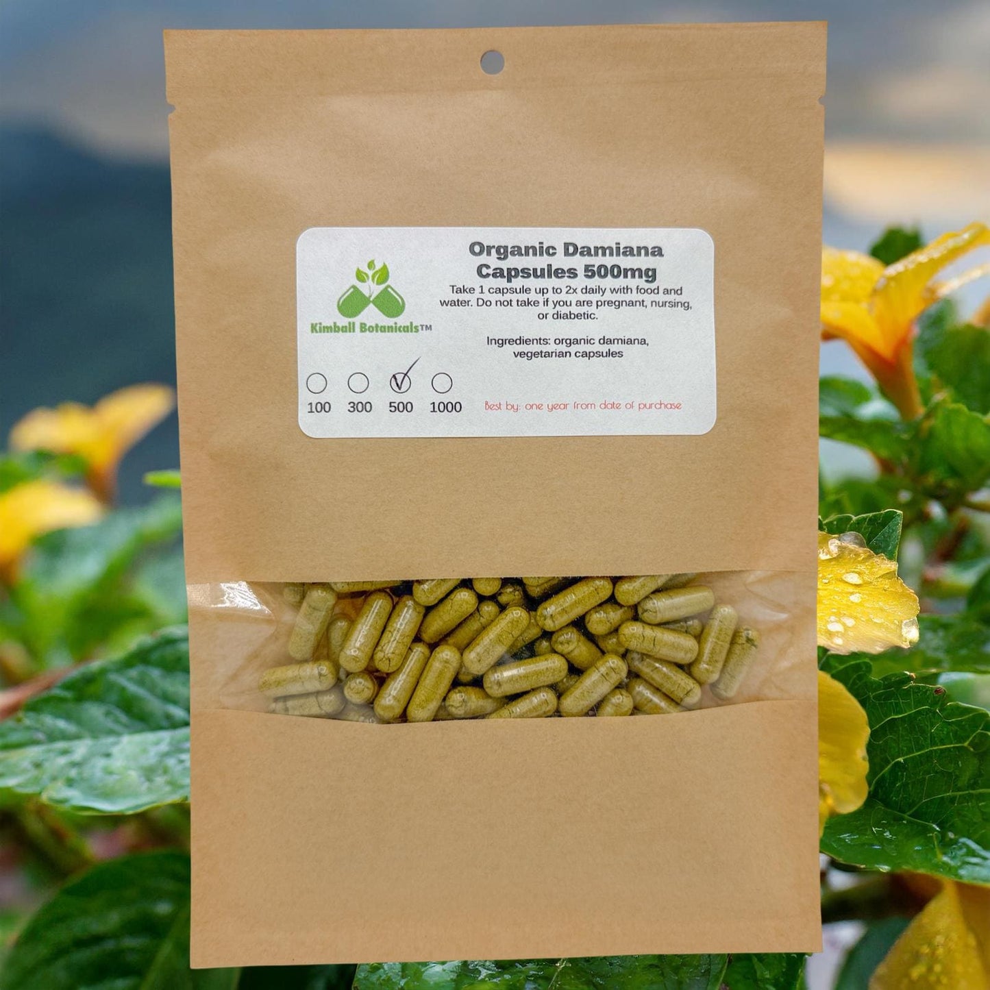Organic Damiana (Turnera diffusa) 500mg or 650mg vegetarian capsules, made fresh to order, no fillers or binders