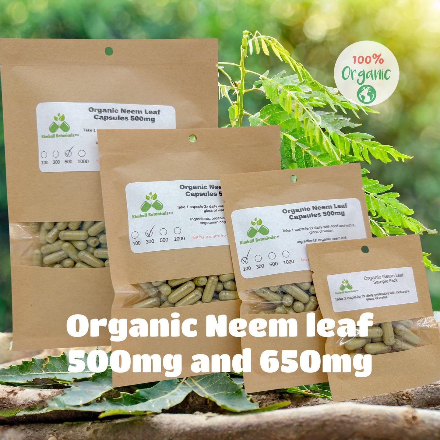 Organic Neem Leaf (Azadirachta indica) 500mg or 650mg Vegetarian Capsules made fresh to order.