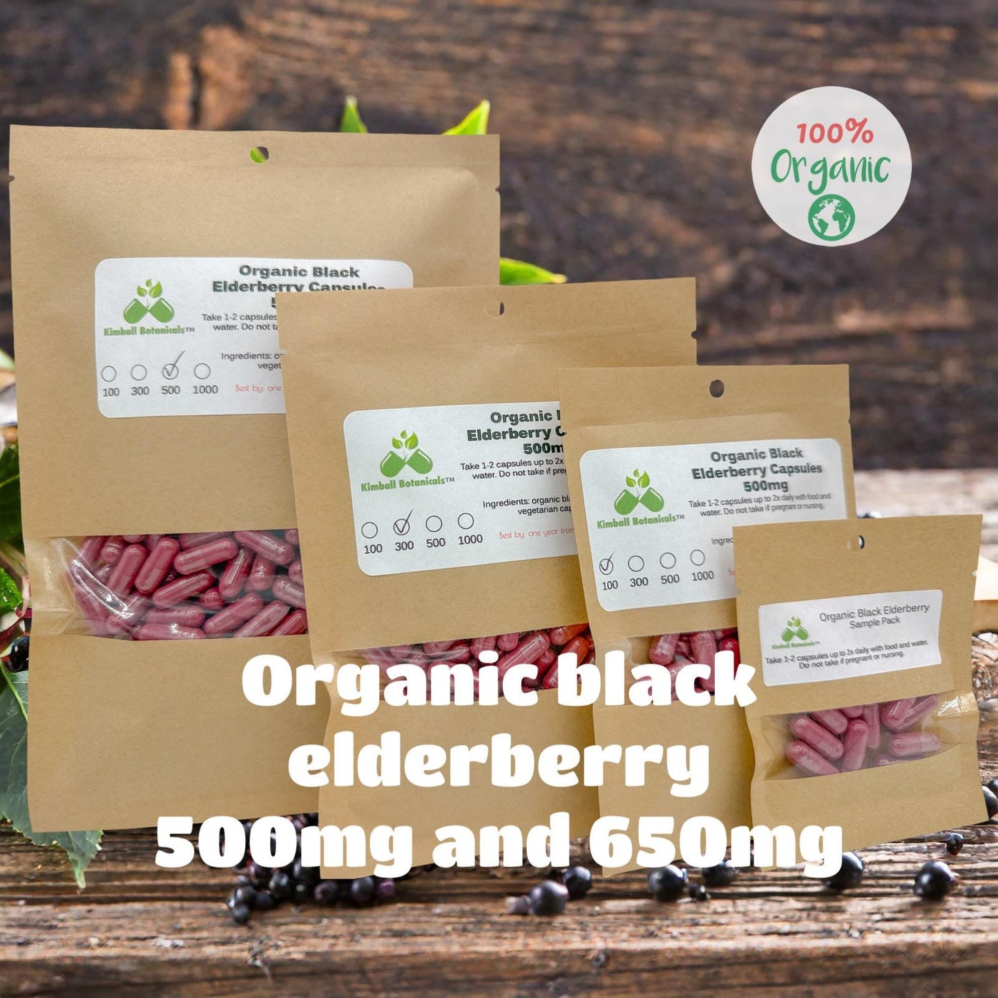 USDA Certified Organic Elderberry (Sambucus nigra) 500mg or 650mg vegetarian or pullulan capsules or tincture, made fresh to order.