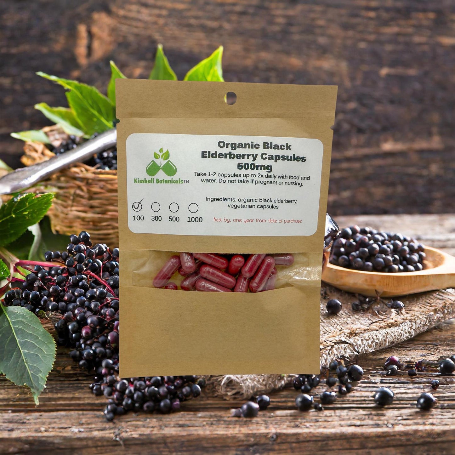 USDA Certified Organic Elderberry (Sambucus nigra) 500mg or 650mg vegetarian or pullulan capsules or tincture, made fresh to order.