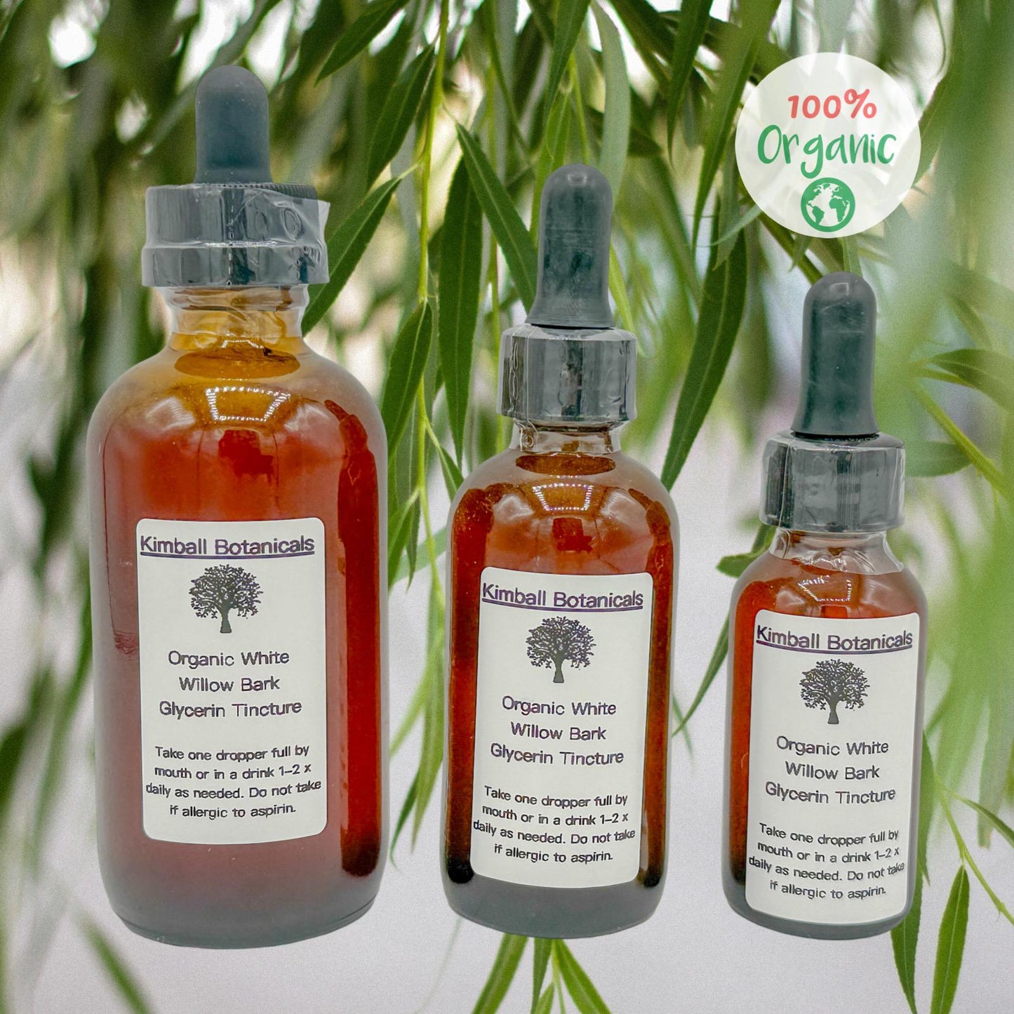 Certified Organic White Willow Bark (Salix Alba) 500mg or 650mg vegetarian or pullulan capsules, or tincture, made fresh to order