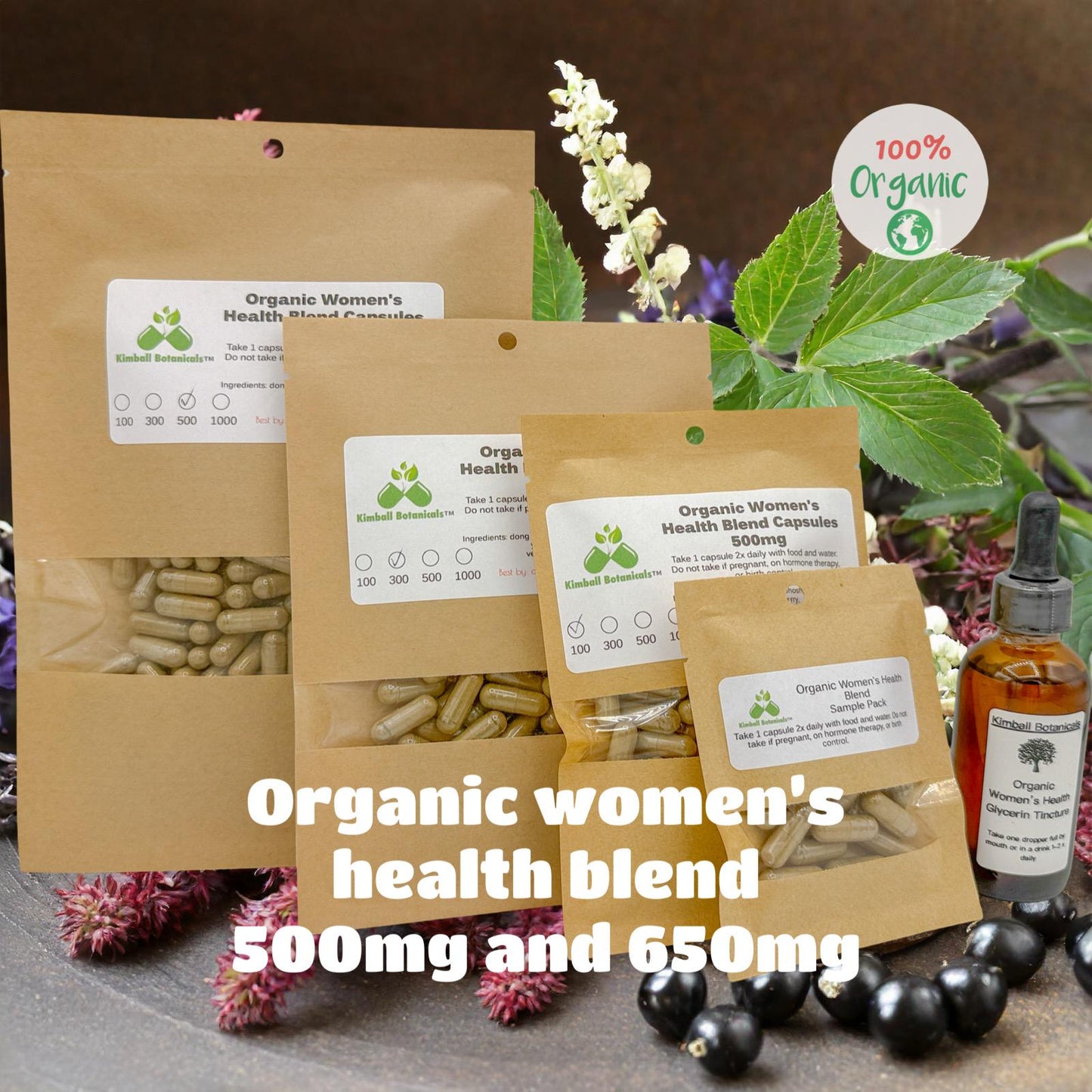 Organic Womenβs Health blend 500mg or 650mg vegetarian or pullulan capsules, or tincture, made fresh to order