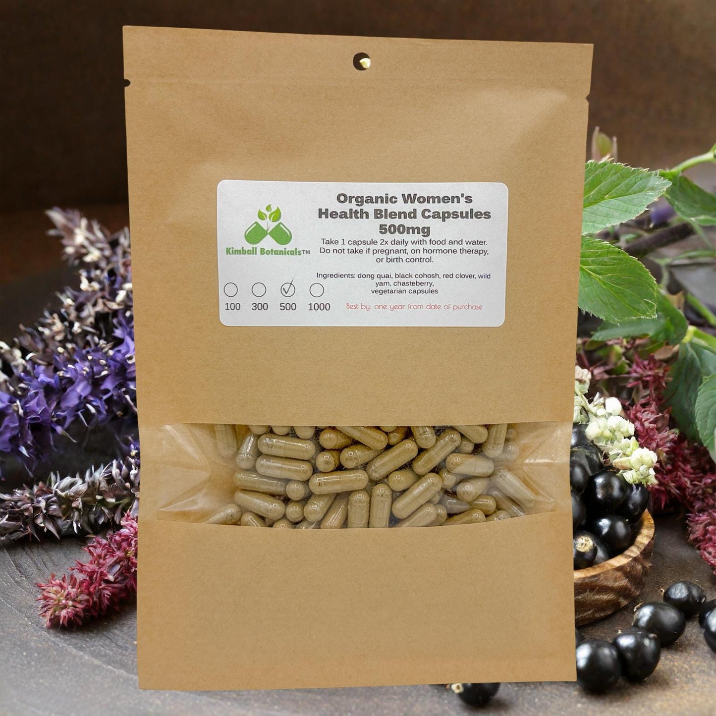 Organic Womenβs Health blend 500mg or 650mg vegetarian or pullulan capsules, or tincture, made fresh to order
