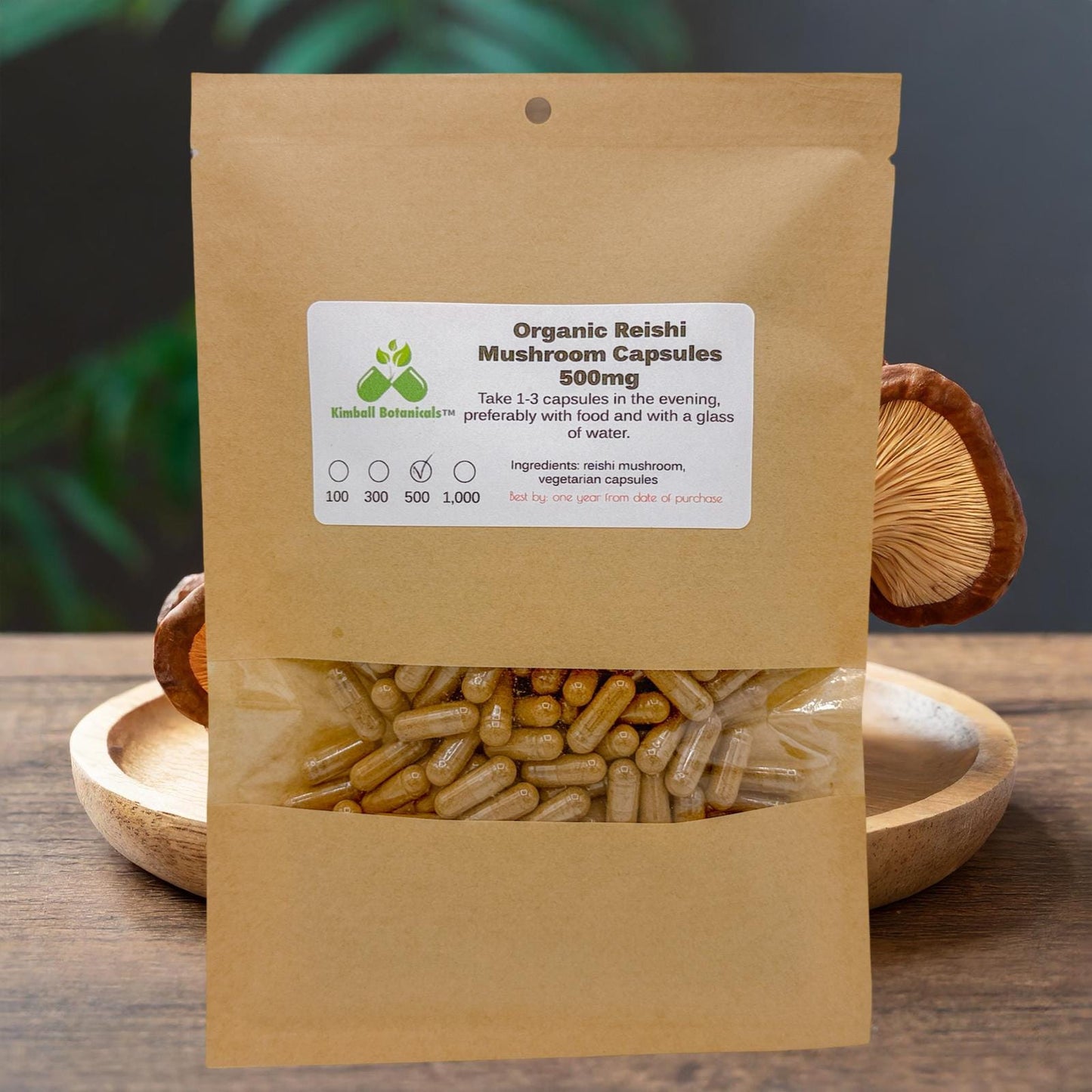 Organic Reishi (Ganoderma lucidum) Full Spectrum Mushroom 500mg and 650mg vegetarian capsules made fresh to order