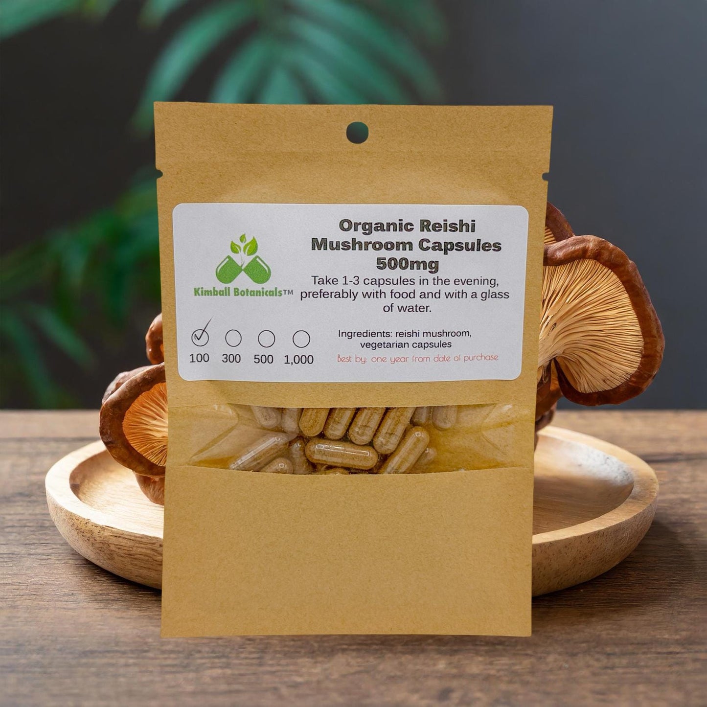 Organic Reishi (Ganoderma lucidum) Full Spectrum Mushroom 500mg and 650mg vegetarian capsules made fresh to order