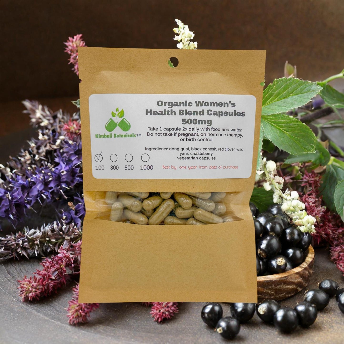 Organic Womenβs Health blend 500mg or 650mg vegetarian or pullulan capsules, or tincture, made fresh to order