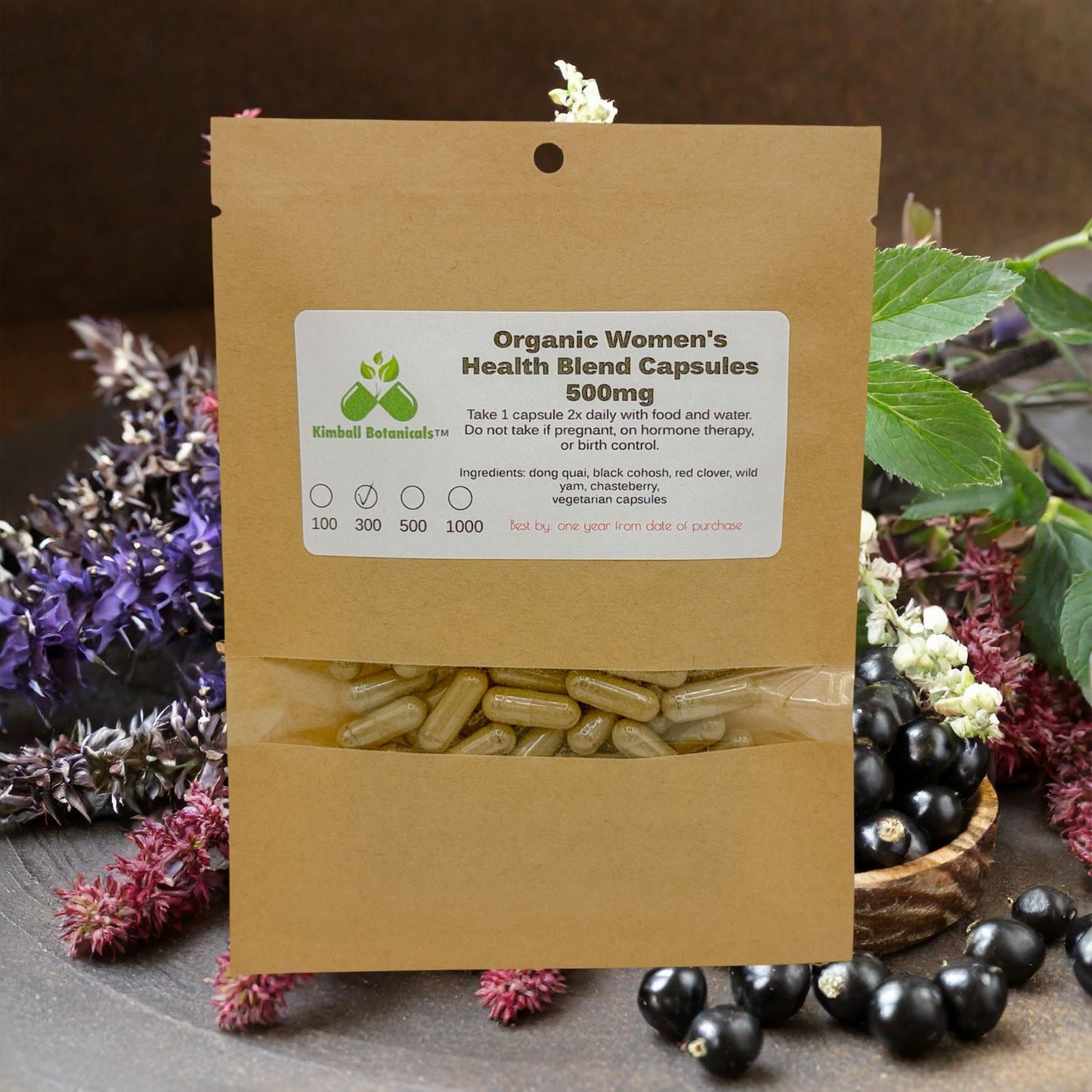 Organic Womenβs Health blend 500mg or 650mg vegetarian or pullulan capsules, or tincture, made fresh to order