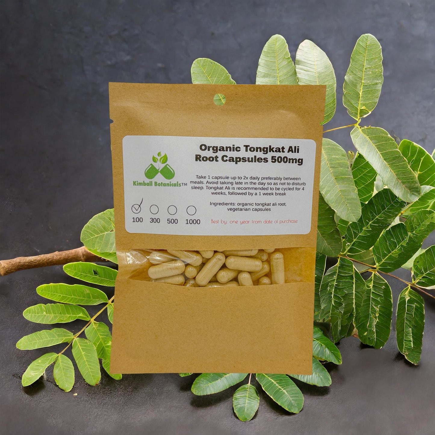 Certified Organic Tongkat Ali root (Eurycoma longifolia) 500mg or 650mg vegetarian capsules, pullulan, or tincture, made fresh to order