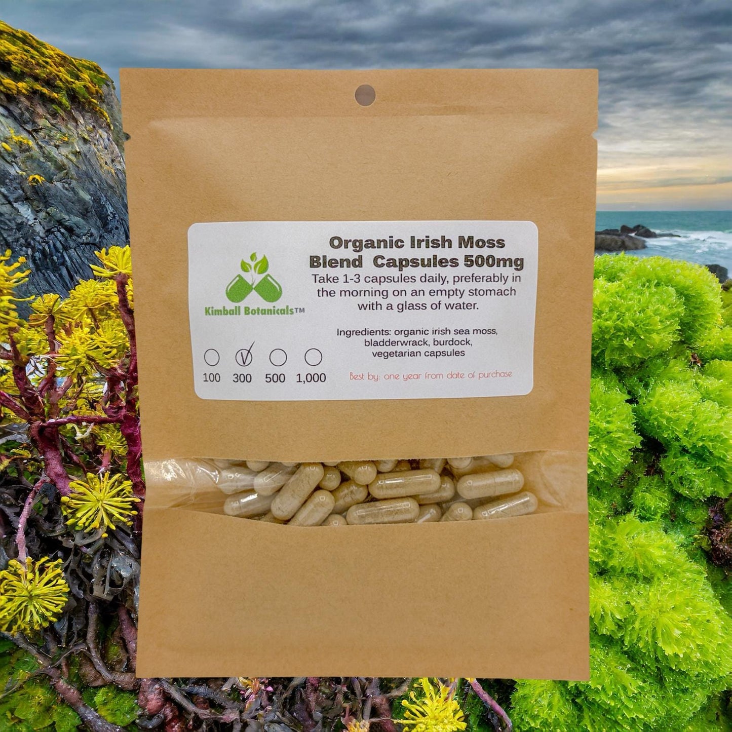 Organic Irish Moss Bladderwrack and Burdock 500mg and 650mg vegetarian or pullulan capsules or tincture, made fresh to order.