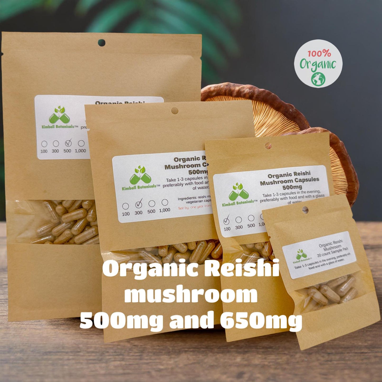 Organic Reishi (Ganoderma lucidum) Full Spectrum Mushroom 500mg and 650mg vegetarian capsules made fresh to order