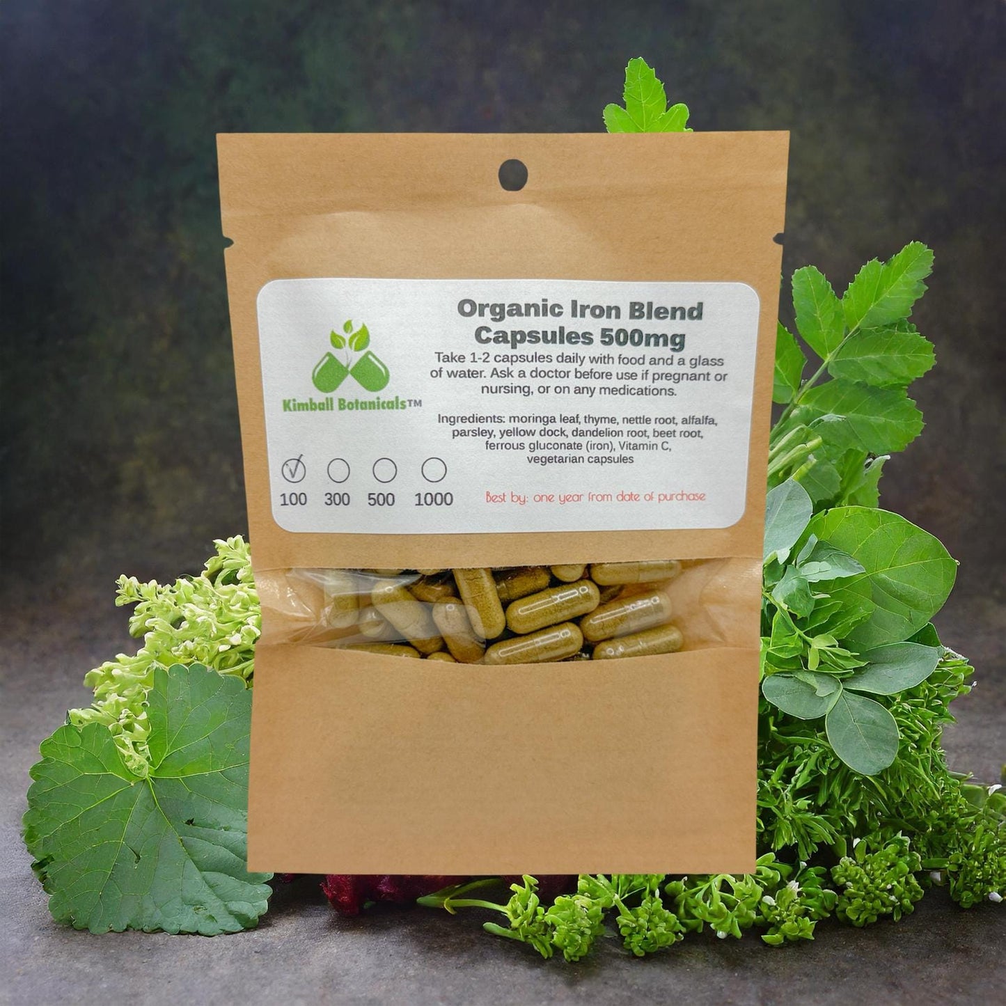 Organic Herbal Iron Blend, 500mg or 650mg vegetarian pullulan capsules, made fresh to order