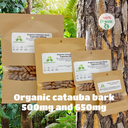 Organic Catuaba Bark (Erythroxylum catuaba) 500mg and 650mg vegetarian capsules made fresh to order