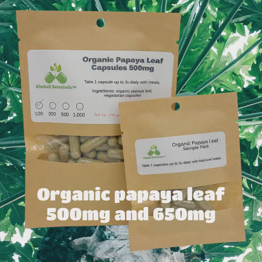 Certified Organic Papaya Leaf (Carica papaya) 500mg and 650mg vegetarian capsules, made fresh to order