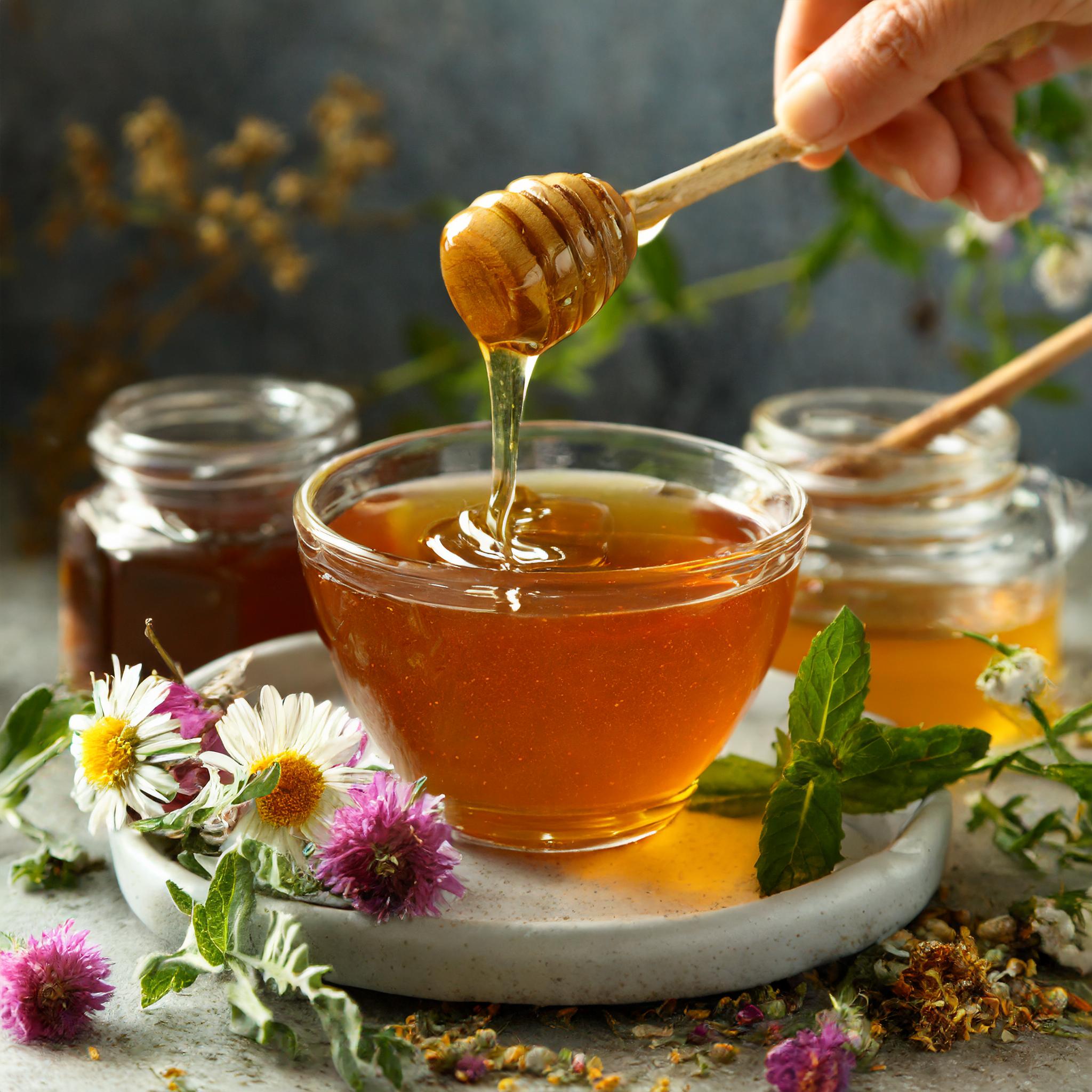 Kimball Botanicals organic herbal honey in a natural wellness setting