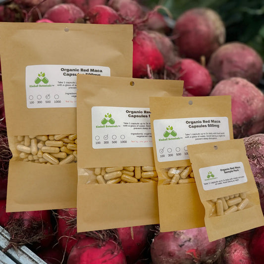 USDA Organic Red Maca (Lepidium meyenii) 500mg or 650mg vegetarian or pullulan capsules made fresh to order.