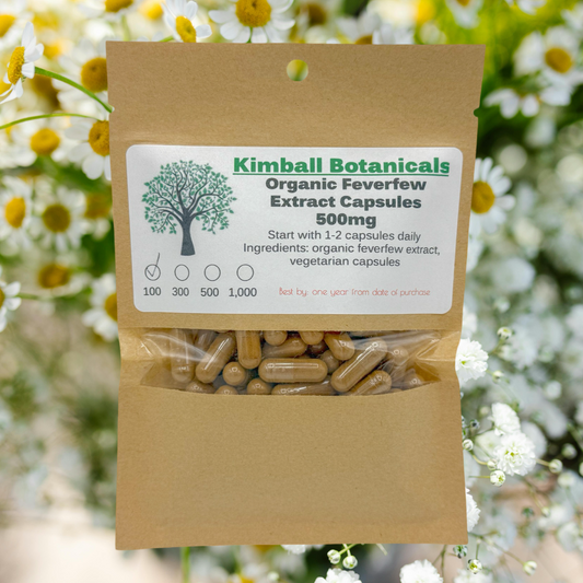 Organic Feverfew Extract (Tanacetum parthenium) 500mg vegetarian capsules, made fresh to order