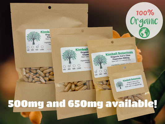 Organic Cats Claw (uncaria tomentosa) 500mg and 650mg Vegetarian Capsules, made fresh to order