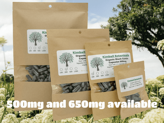 Organic Black Cumin Seed (Nigella sativa) 500mg and 650mg vegetarian capsules, made fresh to order