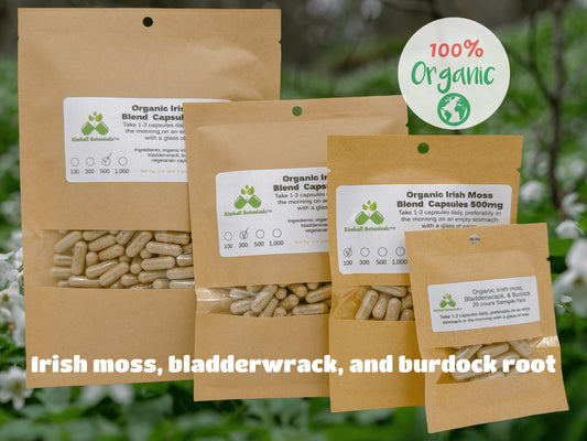 Organic Irish Moss Bladderwrack and Burdock 500mg vegetarian capsules made fresh to order.